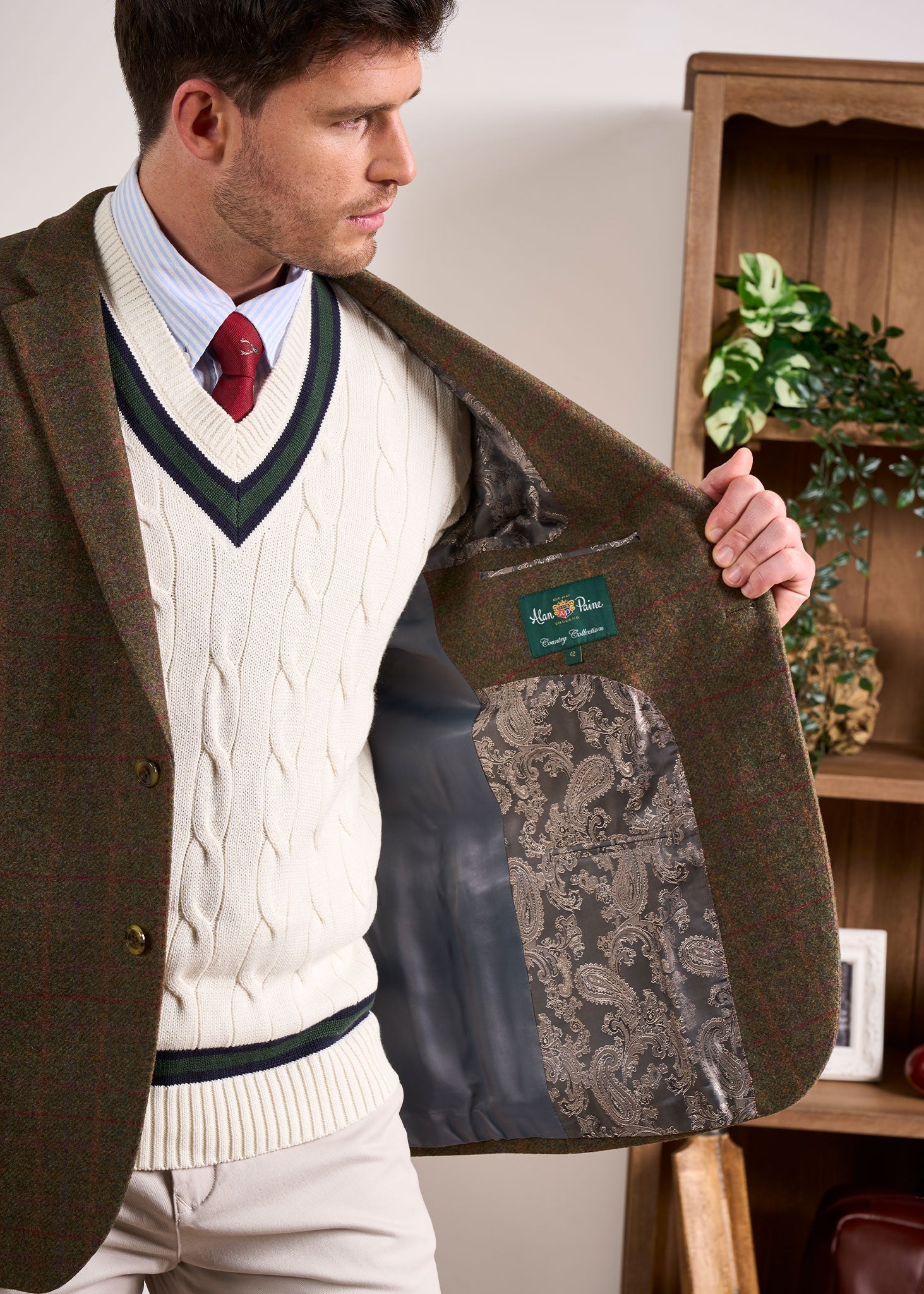 Sandridge Cable Knit Cricket Jumper In Ecru & AP Green