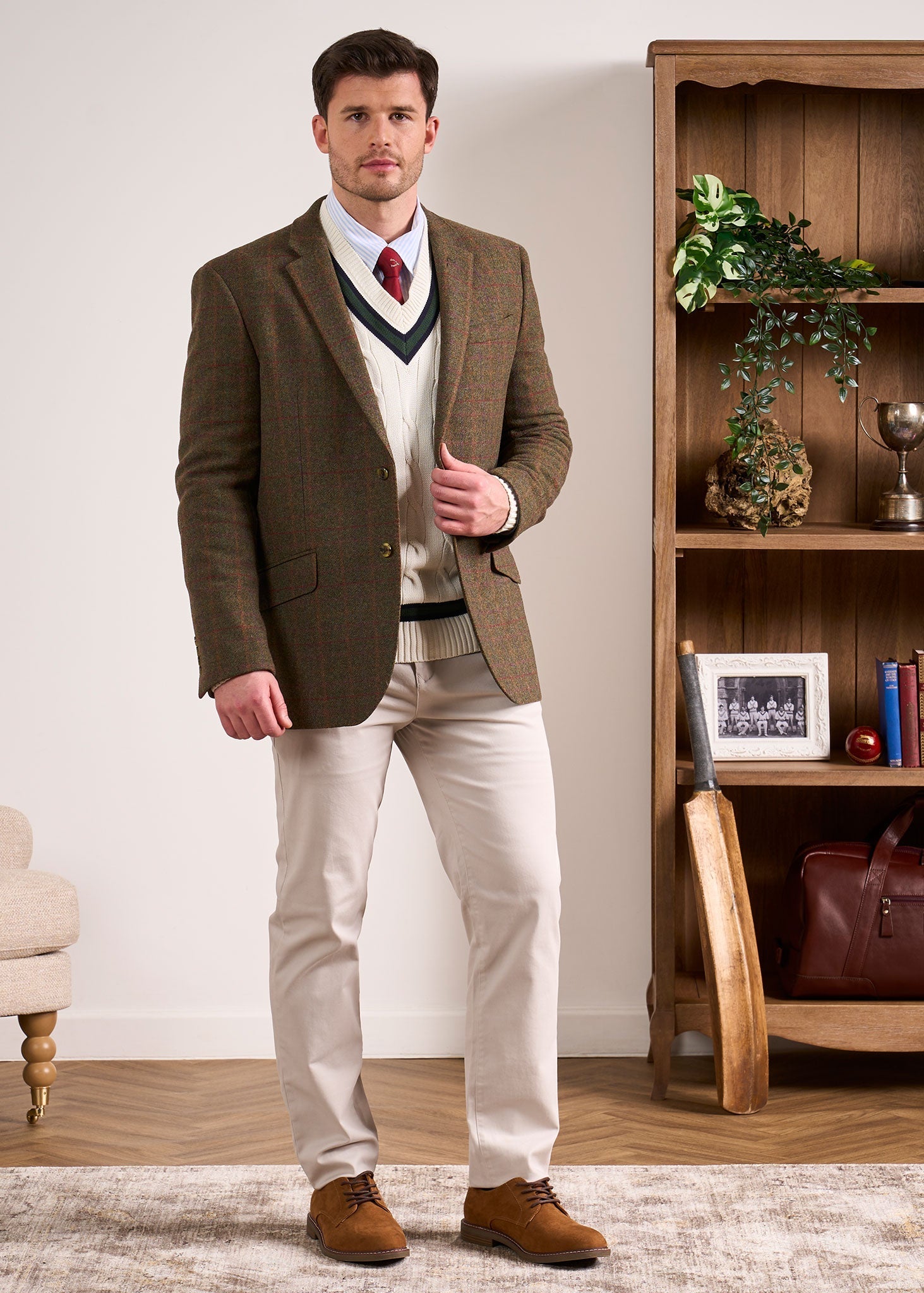 Sandridge Cable Knit Cricket Jumper In Ecru & AP Green