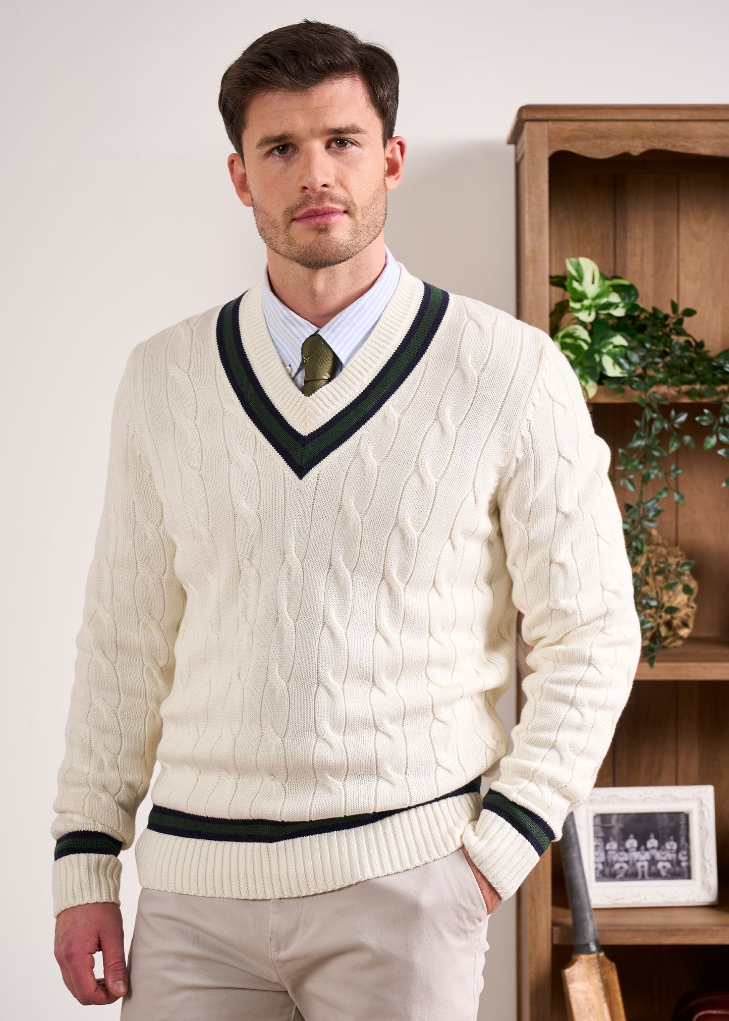 Sandridge Cable Knit Cricket Jumper In Ecru & AP Green