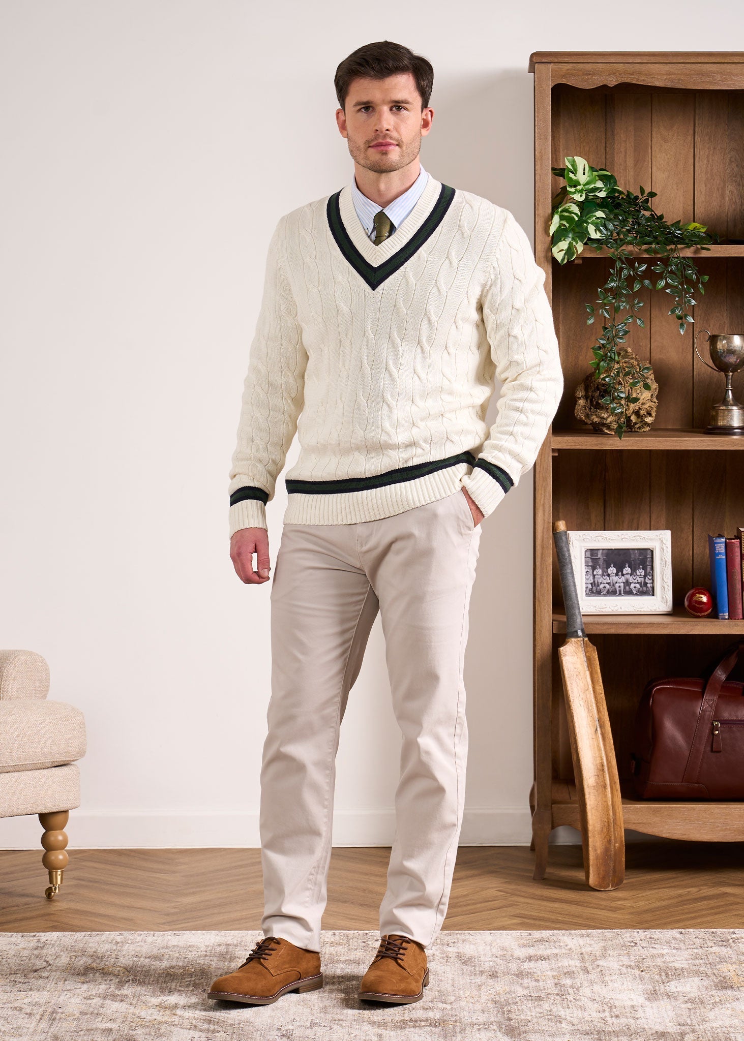 Sandridge Cable Knit Cricket Jumper In Ecru & AP Green