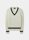 Sandridge Cable Knit Cricket Jumper In Ecru & AP Green