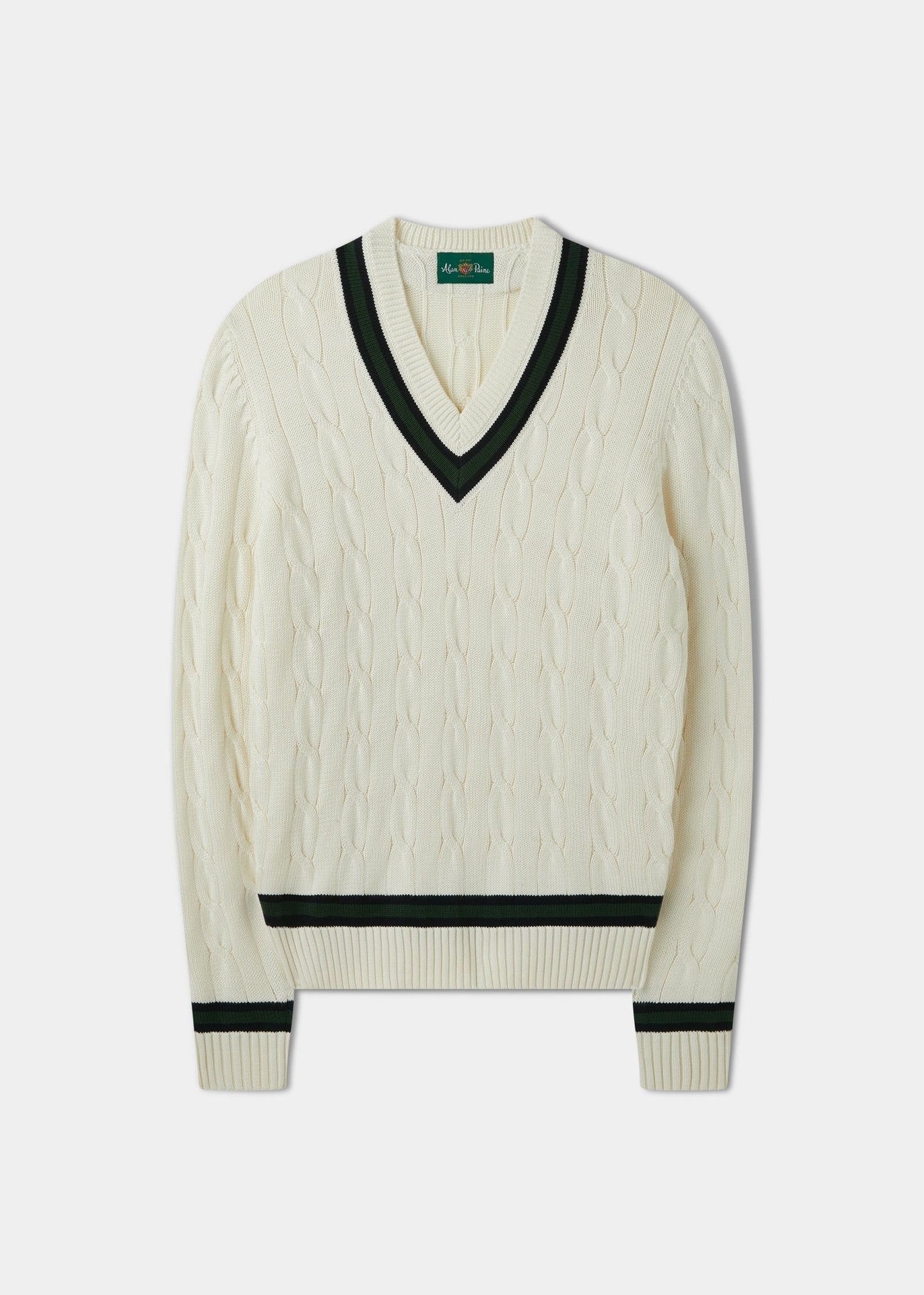 Sandridge Cable Knit Cricket Jumper In Ecru & AP Green