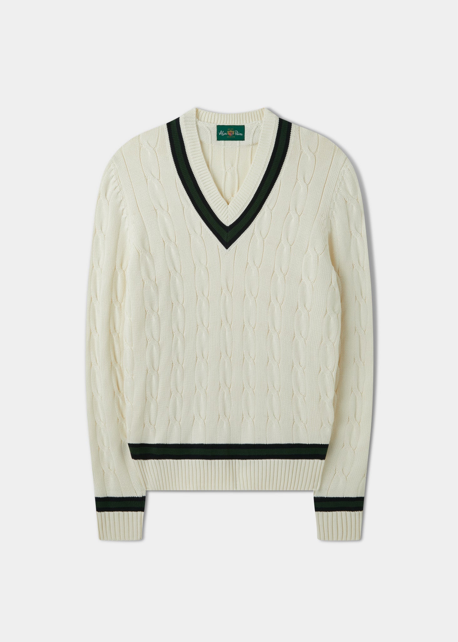Sandridge Cable Knit Cricket Jumper In Ecru & AP Green