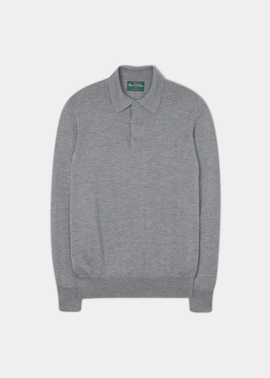 Hindhead Men's Merino Wool Polo Shirt in Light Grey Mix
